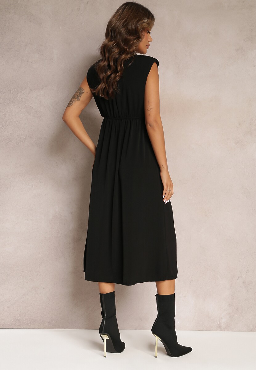 Czarna Midi Sukienka o Rozkloszowanym Fasonie z Ozdobnym Węzłem i Rozcięciem Zanondia