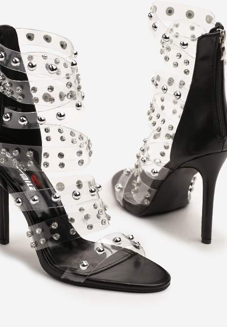 Czarne Sandały na Szpilce z Transparentnymi Paskami i Cyrkoniami Davioris