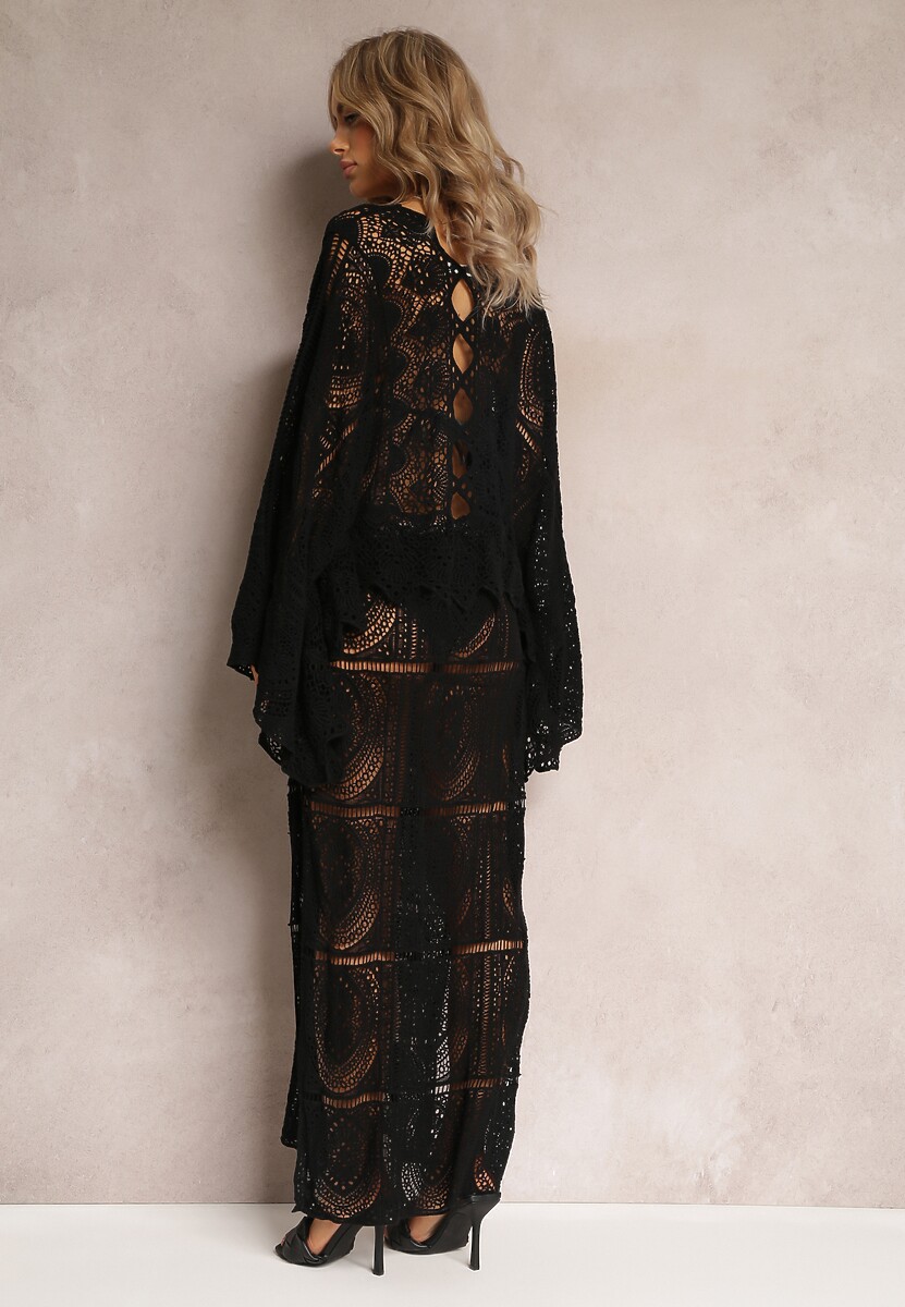 Czarna Szydełkowa Sukienka Maxi z Wycięciami i Wiązaniem Upenna