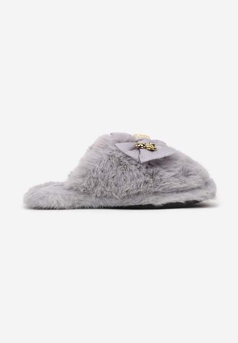 Szare Kapcie z Futerkiem Zdobione Kokardą z Metalowymi Aplikacjami Filora
