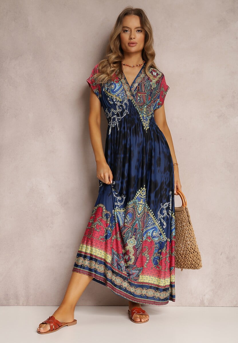 Niebieska Sukienka o Kopertowym Kroju w Ornamentalny Print Nalori