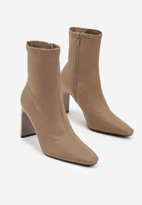 Ciemnobeżowe Elastyczne Botki na Słupkowym Obcasie ze Szpiczastym Noskiem Atise