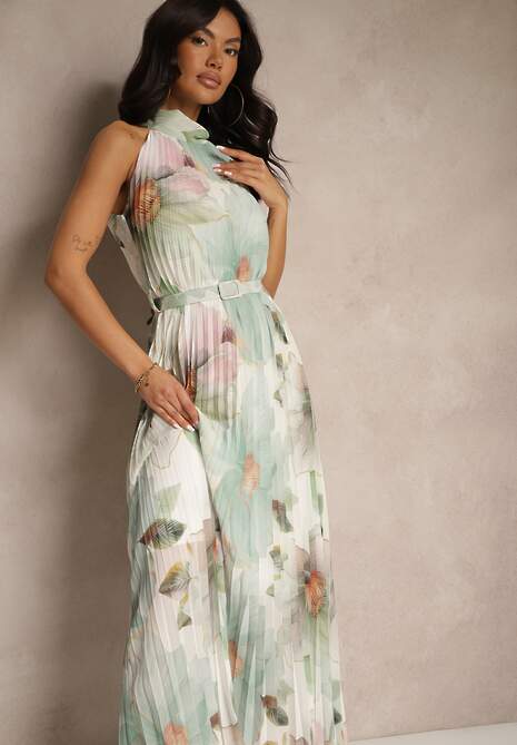 Zielona Plisowana Sukienka z Wiązaniem i Paskiem z Klamrą Nitolia