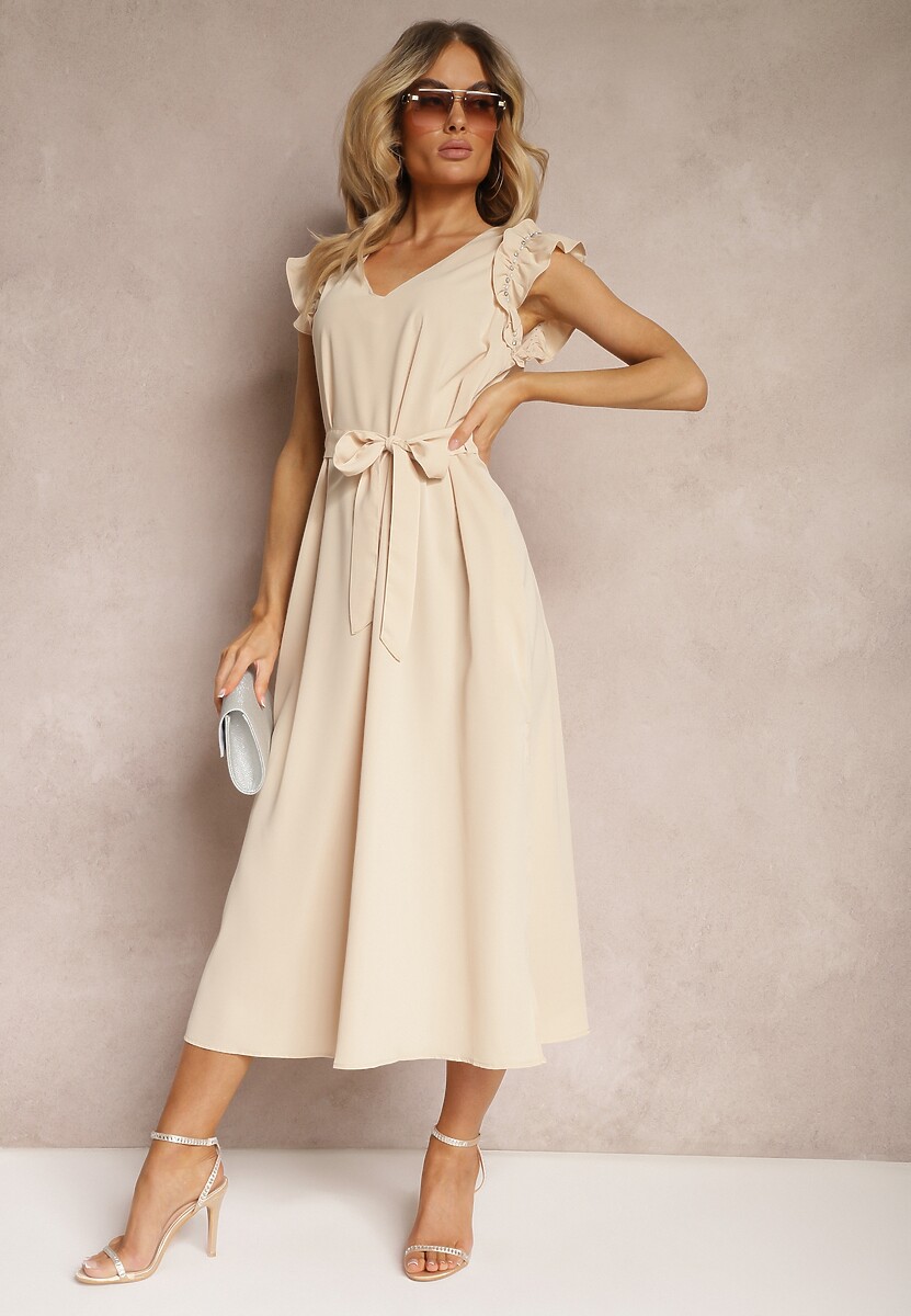 Beżowa Sukienka z Materiałowym Paskiem Ozdobiona Rozcięciami i Cyrkoniami z Falbanką Holline