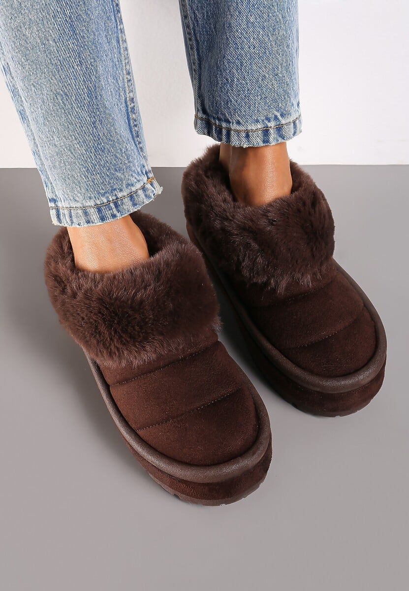 Brązowe Wsuwane Śniegowce na Platformie Ozdobione Futerkiem Sinthiana