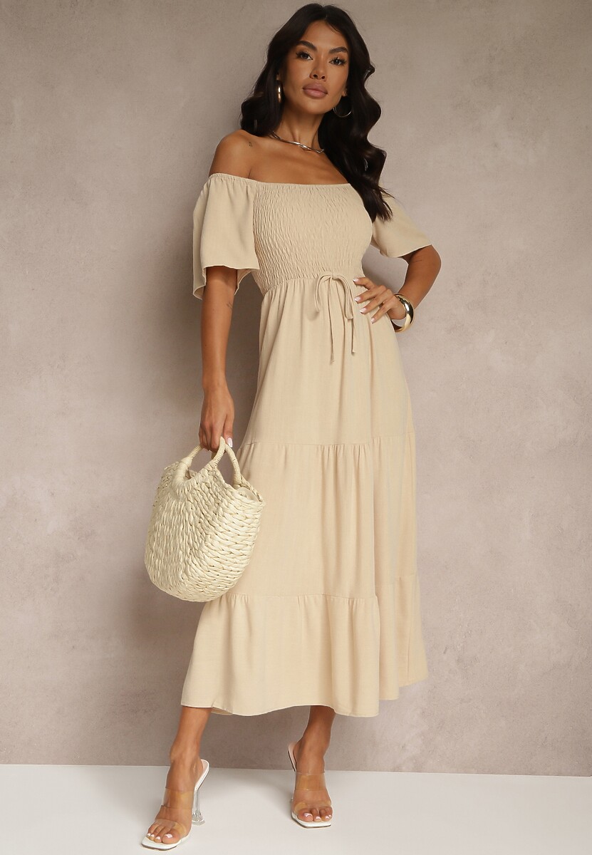 Beżowa Wiskozowa Sukienka z Lnem o Rozkloszowanym Kroju Koloreia