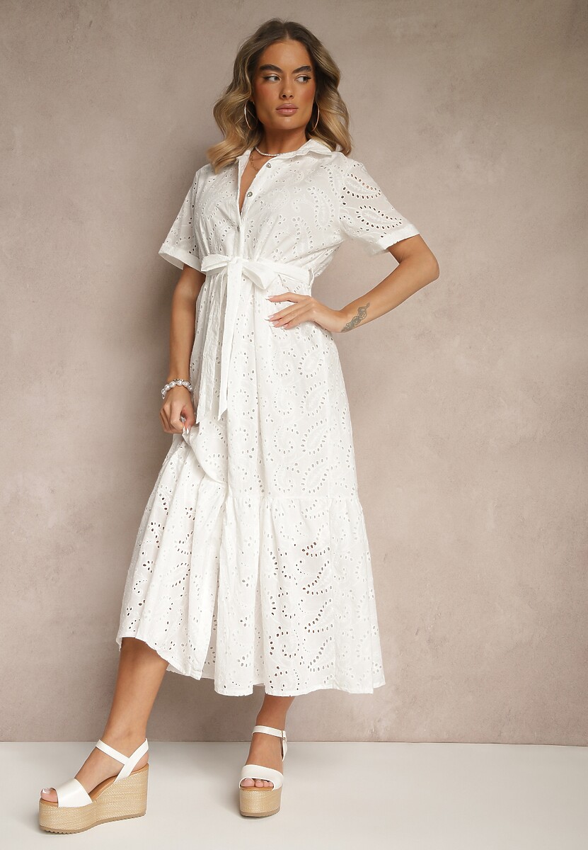 Biała Ażurowa Sukienka z Bawełny Koszulowa Ozdobiona Paskiem Fevorette