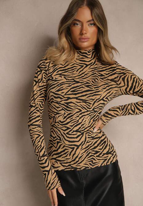 Brązowa Bluzka z Bawełny Typu Longsleeve z Golfem w Zebrę Cralissa