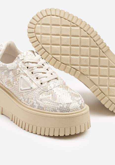 Beżowe Sneakersy na Platformie z Tłoczeniem Ozdobione Wężowym Printem Halinea