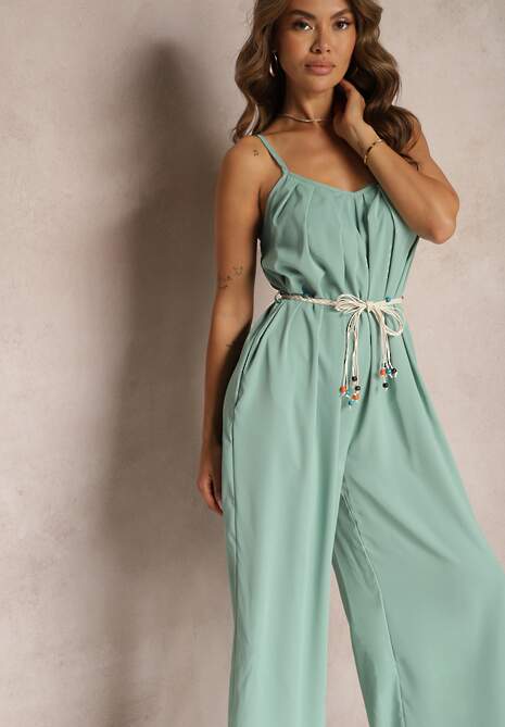 Zielony Kombinezon z Regulowanymi Ramiączkami Wiązany w Talii bez Ramiączek Juletta