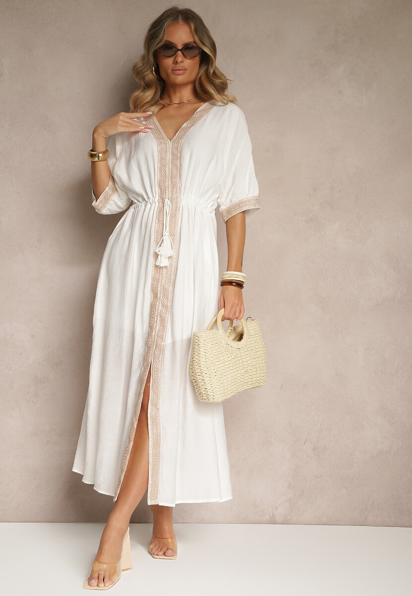 Biała Sukienka z Wiskozy Ozdobiona Ażurowymi Wstawkami Aloviana