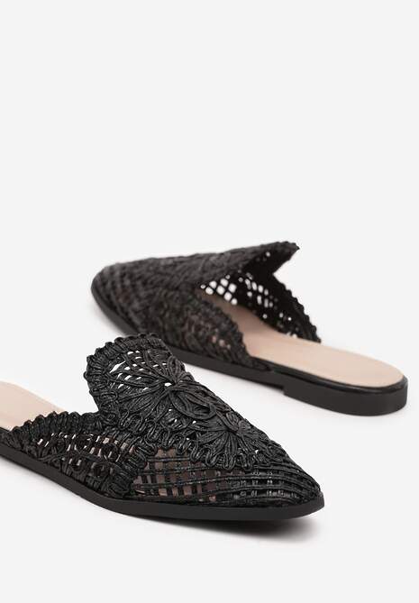 Czarne Klapki Mule Ozdobione Koronką Setilwena