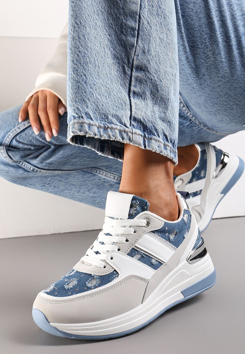 Niebieskie Sneakersy z Cekinami i Brokatem na Grubej Podeszwie Mabirra