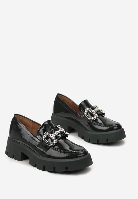 Zielone Mokasyny z Klamerką w Cyrkonie na Platformie Tawn