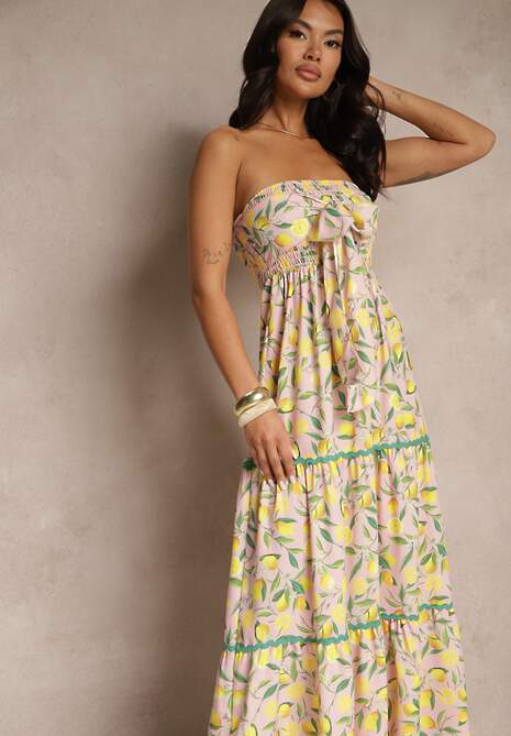 Różowa Sukienka Ozdobiona Kokardą i Motywem Cytryn Galionea