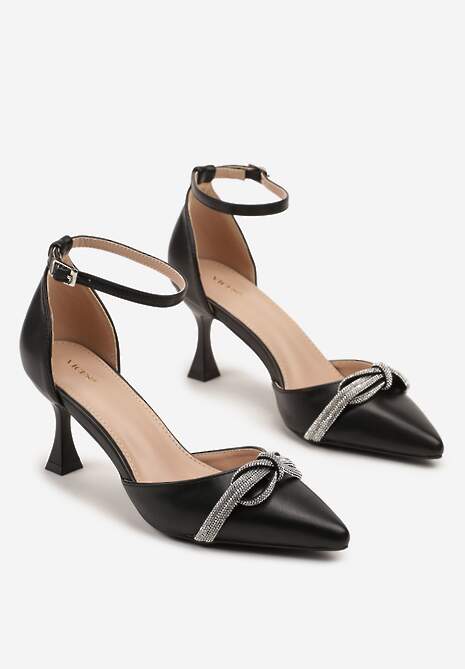 Czarne Czółenka na Szpilce Vices z Cyrkoniową Kokardą Atennia