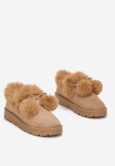 Ciemnobeżowe Śniegowce przed Kostkę na Platformie z Futerkiem Tolonno