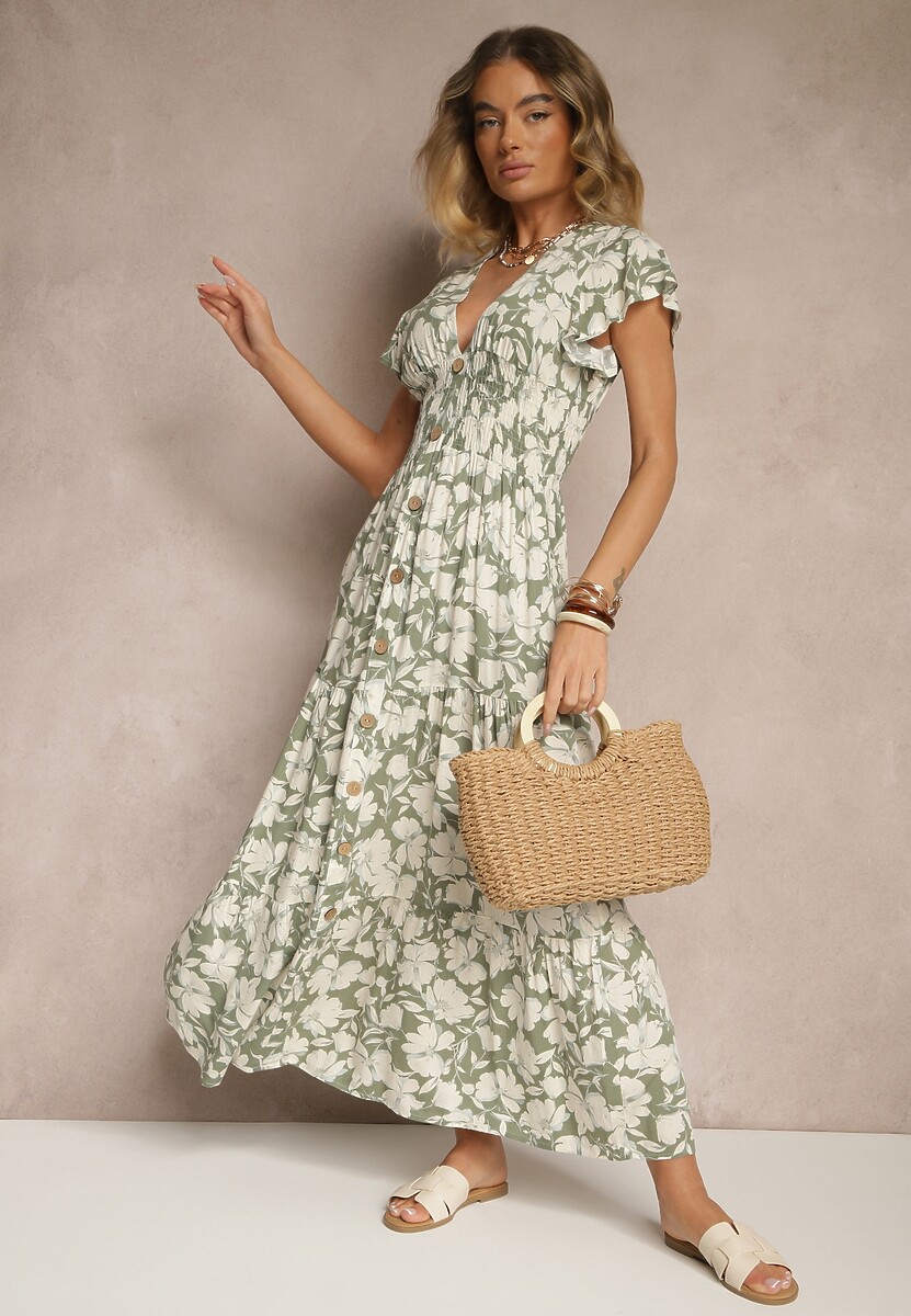 Ciemnozielona Kwiatowa Sukienka z Wiskozy Ozdobiona Guzikami Delisane