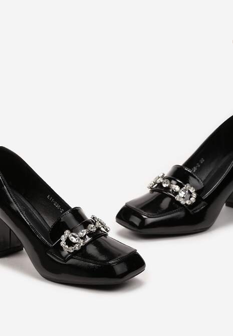 Czarne Lakierowane Czółenka na Słupku z Biżuteryjną Klamerką Teneril