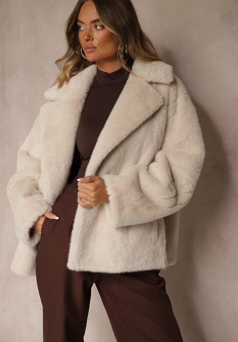 Beżowa Dwurzędowa Kurtka Futerko o Fasonie Oversize Manella