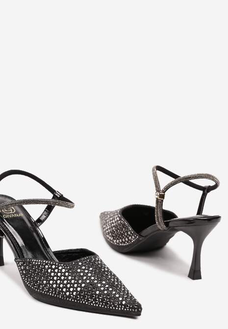 Czarne Sandały Slingback na Szpilce ze Szpiczastym Noskiem z Cyrkoniami Dimena