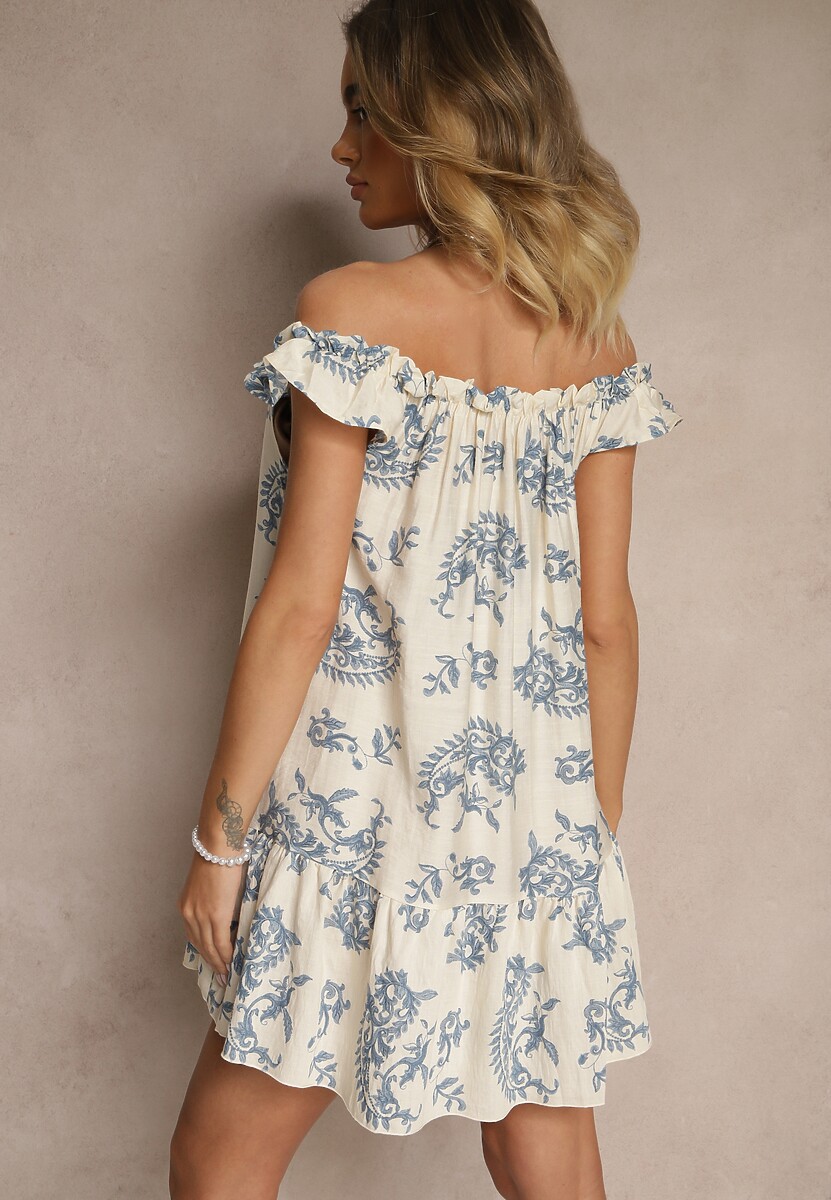 Niebieska Sukienka z Wiskozą Ozdobiona Falbanką Ellitne