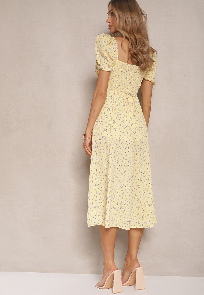 Żółta Sukienka Rozkloszowana z Bufiastymi Rękawami i Wiązaniem w Kwiaty Laviloria