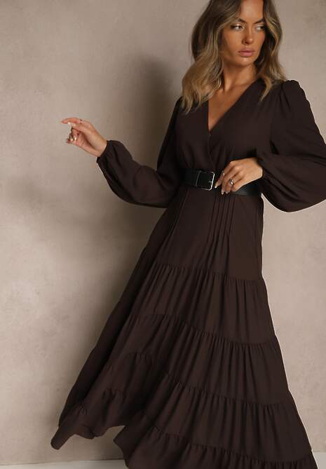 Brązowa Kopertowa Sukienka Vices o Rozkloszowanym Kroju Resvima