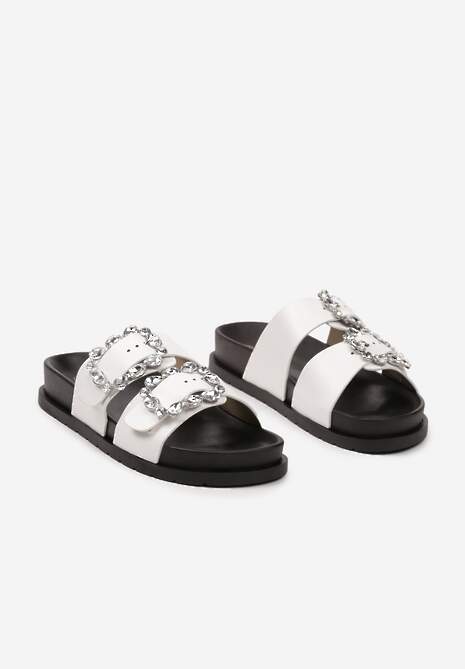 Białe Regulowane Klapki na Płaskiej Podeszwie Zdobione Cyrkoniami Melalia