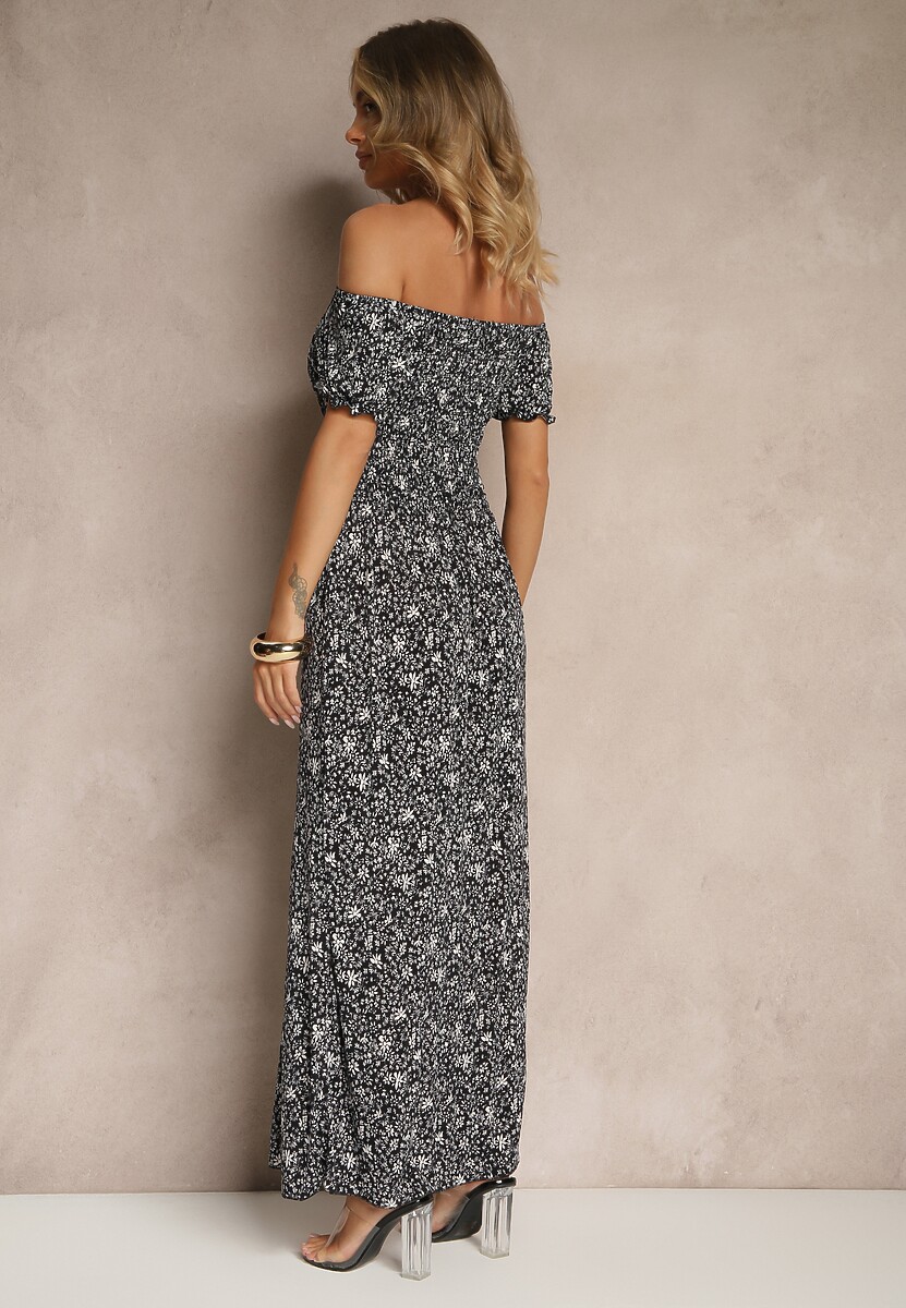 Czarna Kwiatowa Sukienka z Bufiastymi Rękawami Lumorelle