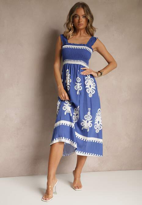 Niebieska Rozkloszowana Sukienka z Wiskozy z Ornamentnym Motywem Aloxe