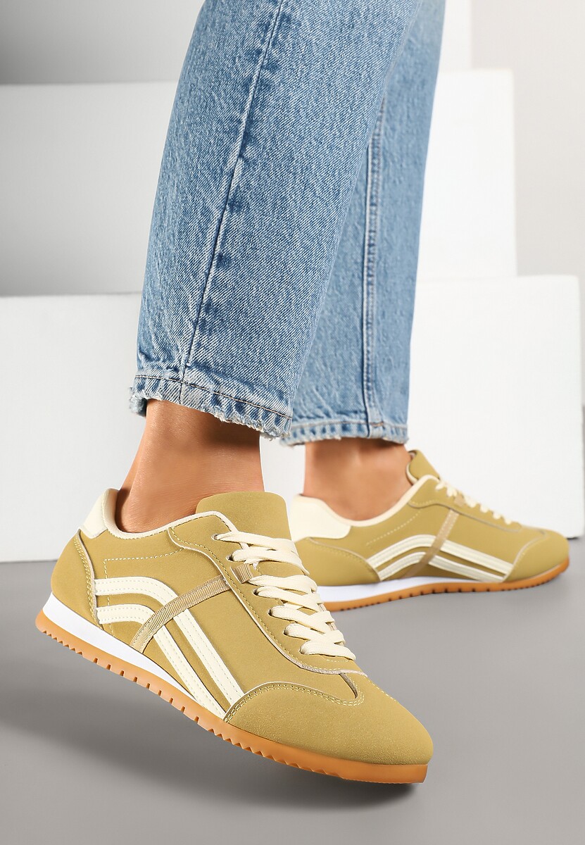 Żółte Sneakersy przed Kostkę z Paskami na Cholewce Deniffia