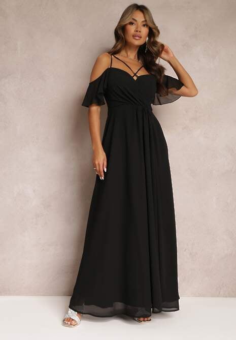 Czarna Rozkloszowana Sukienka Maxi o Kopertowym Fasonie na Cienkich Ramiączkach Burwena