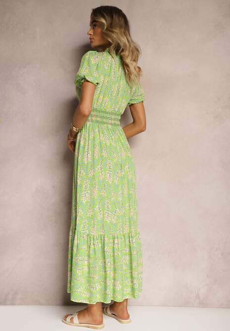 Jasnozielona Trapezowa Sukienka z Bawełny z Bufiastymi Rękawami Falbaną i Gumką w Talii Vimayana