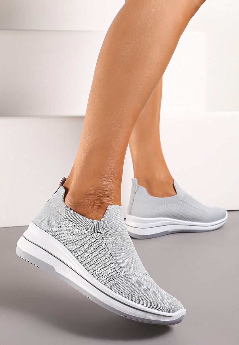 Szare Casualowe Buty Sportowe na Płaskiej Podeszwie bez Zapięcia Adalora