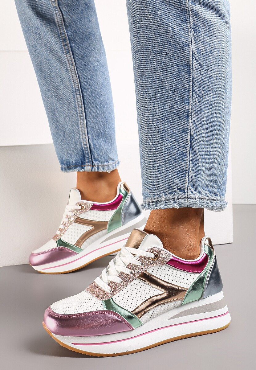 Biało-Różowe Sneakersy na Grubej Podeszwie w Paski Zdobione Brokatem Selarissa