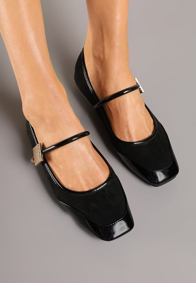 Czarne Balerinki z Lakierowaną Wstawką i Ozdobną Sprzączką Neorwen