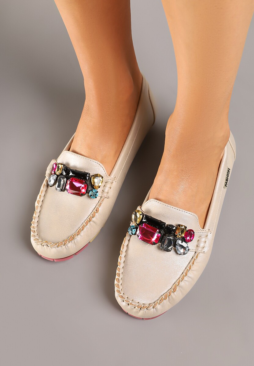 Beżowe Mokasyny z Wkładką ze Skóry Naturalnej i Cyrkoniami Zimora