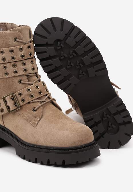 Ciemnobeżowe Botki z Ekozamszu na Grubej Podeszwie Zdobione Paskami z Klamrami wokół Cholewki Alleine