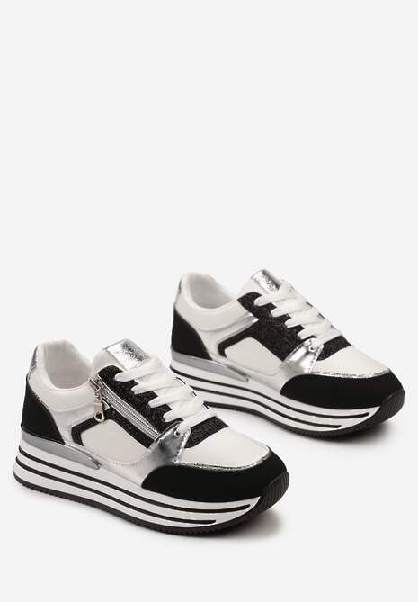 Czarne Sneakersy z Metalicznymi Wstawkami i Brokatem na Grubej Podeszwie Anova