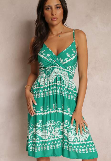 Zielona Wiskozowa Sukienka z Gumką w Pasie w Etno Wzór Placenta