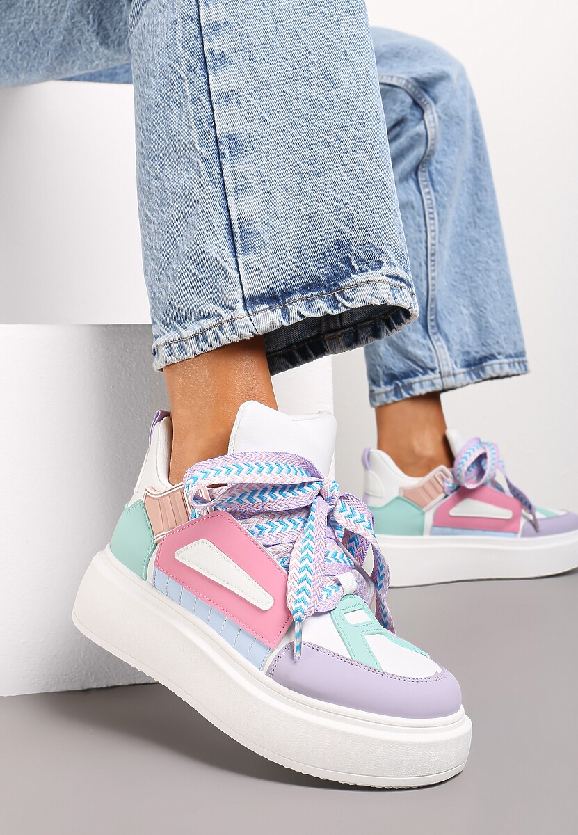 Biało-Fioletowe Sneakersy Na Niskiej Platformie z Szerokimi Sznurówkami we Wzorek Vidira