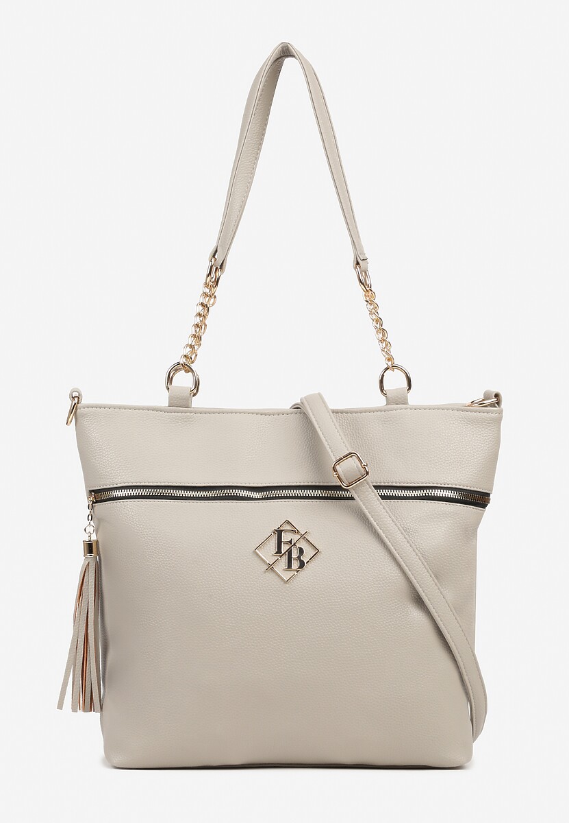 Ciemnobeżowa Torebka Typu Shopper z Ozdobnymi Rączkami i Paskiem i Aplikacją na Ramię Idaloriela