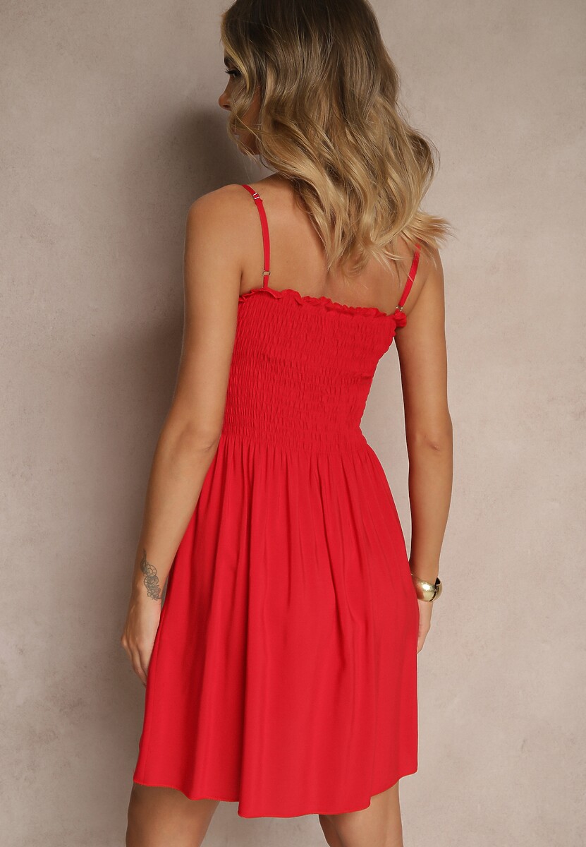 Czerwona Sukienka z Bawełny na Ramiączkach o Rozkloszowanym Kroju z Marszczoną Górą Christten