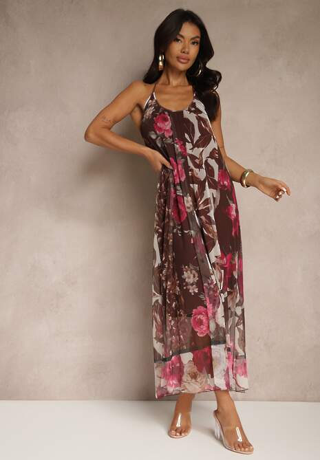 Brązowa Kwiatowa Sukienka Siateczkowa z Wiskozą Izurelia