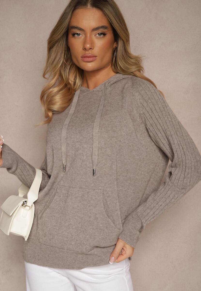 Ciemnobrązowy  Sweter z Wiskozą i Kaszmirem oraz z Kapturem Nerolin