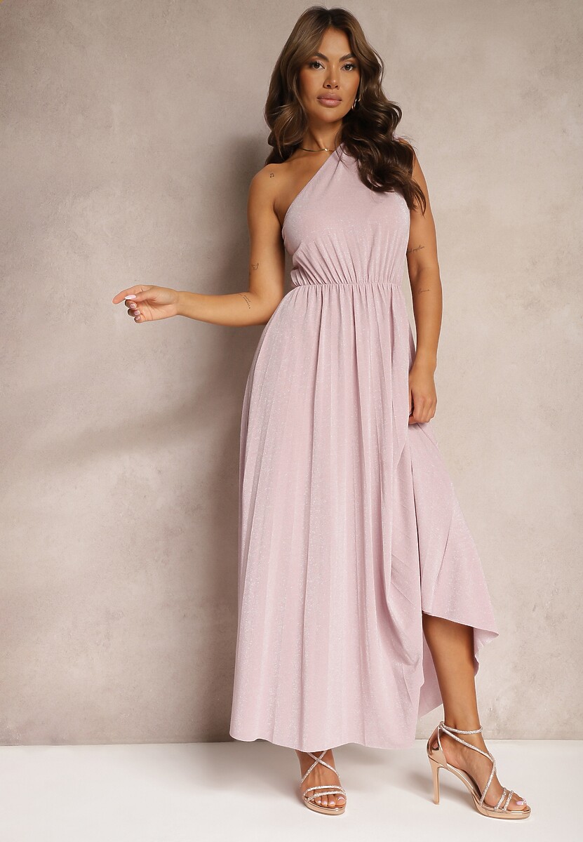 Różowa Plisowana Sukienka na Jedno Ramię z Gumką w Pasie Nansah