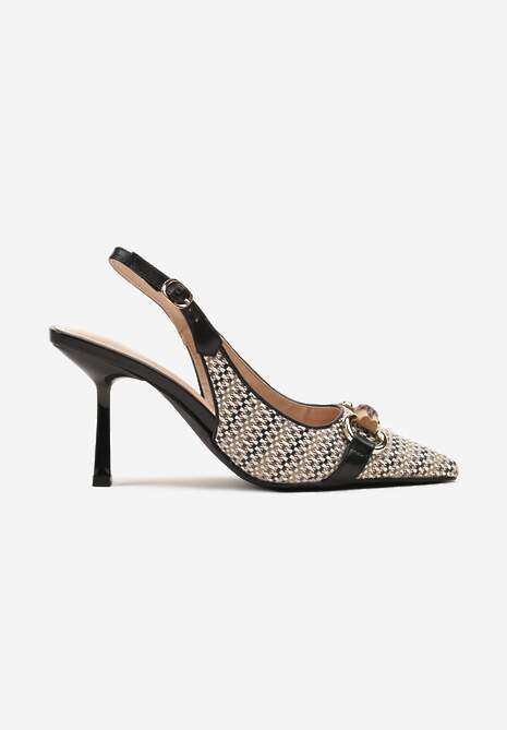 Czarne Plecione Sandały Szpilki Typu Slingback Ozdobione Klamrą Avenis