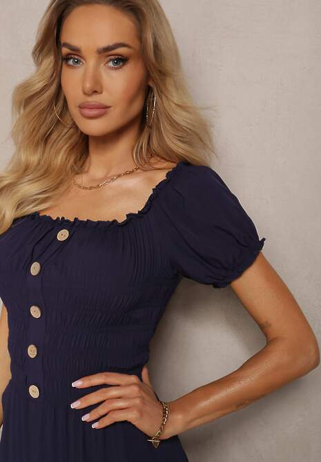 Granatowa Rozkloszowana Sukienka Maxi z Hiszpańskim Dekoltem Kailra