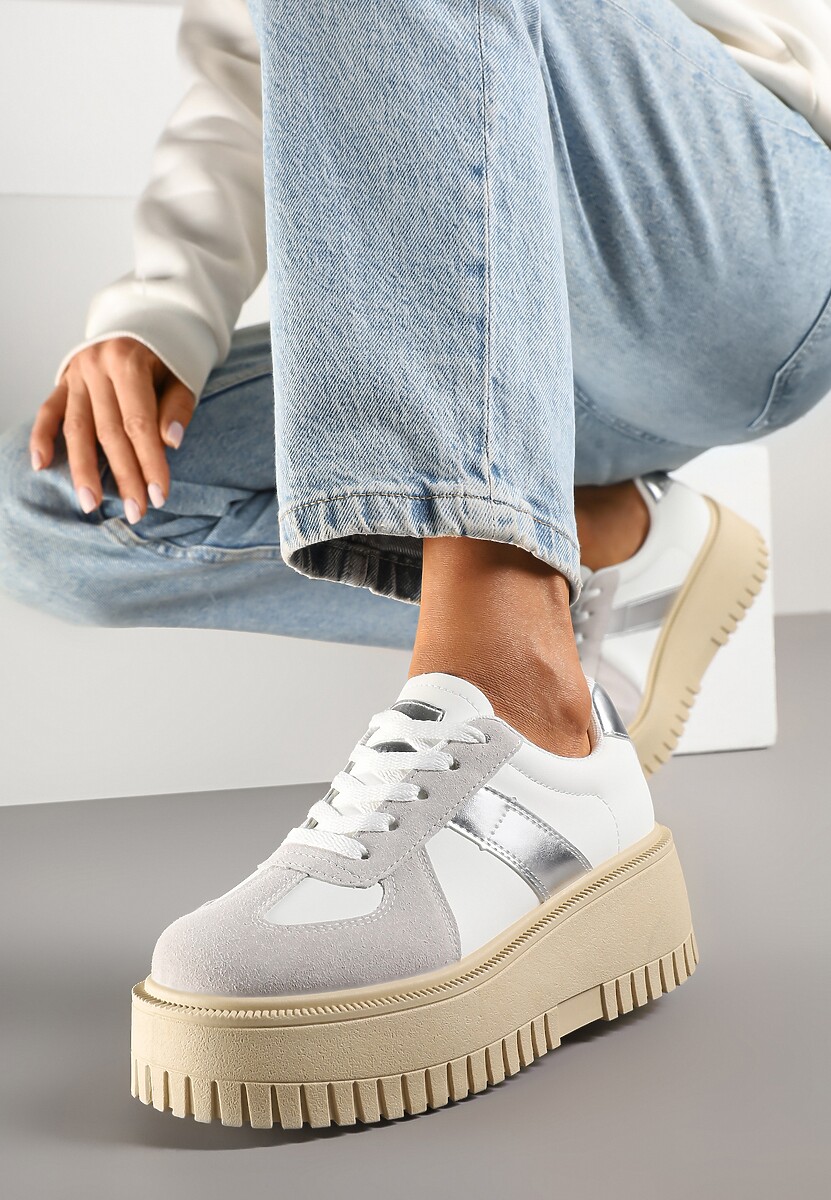 Biało-Szare Sneakersy na Platformie Ozdobione Paskiem Vivesse